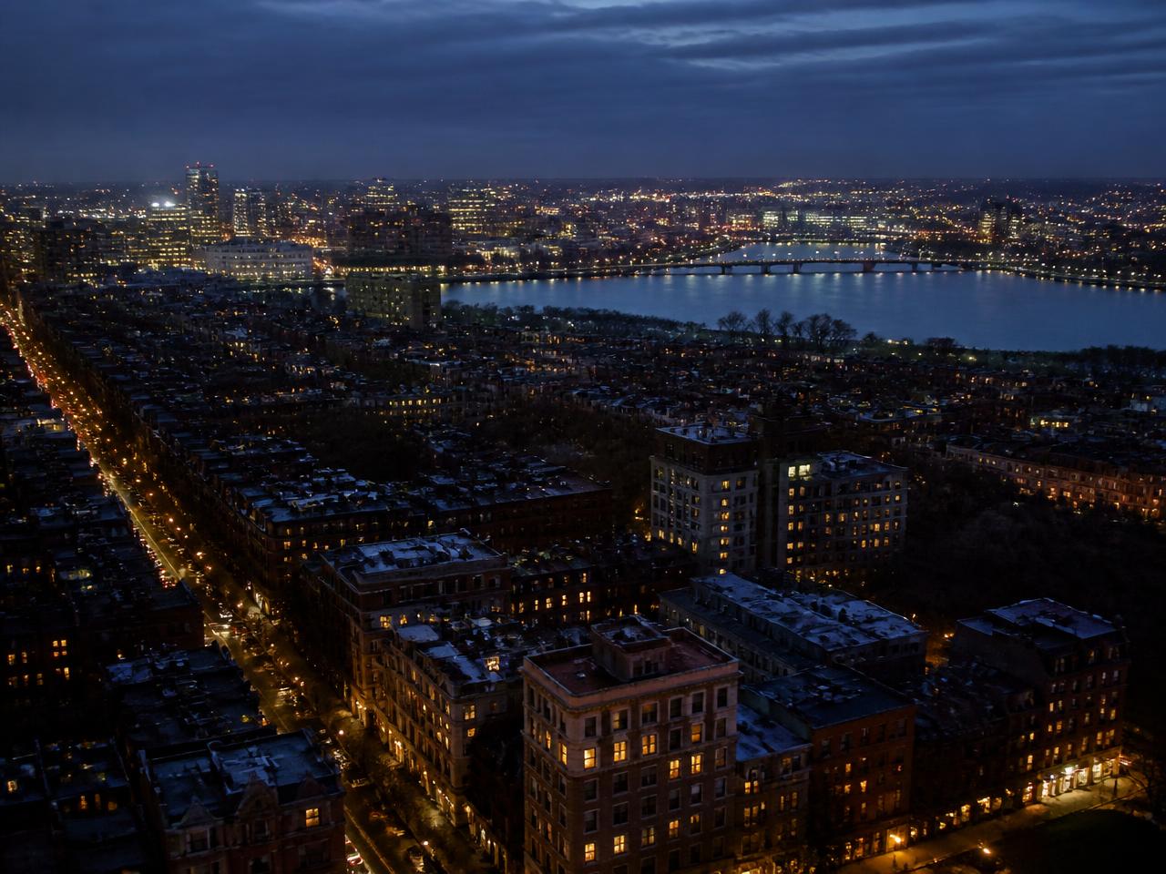 Boston Back Bay and the Charles River at blue hour