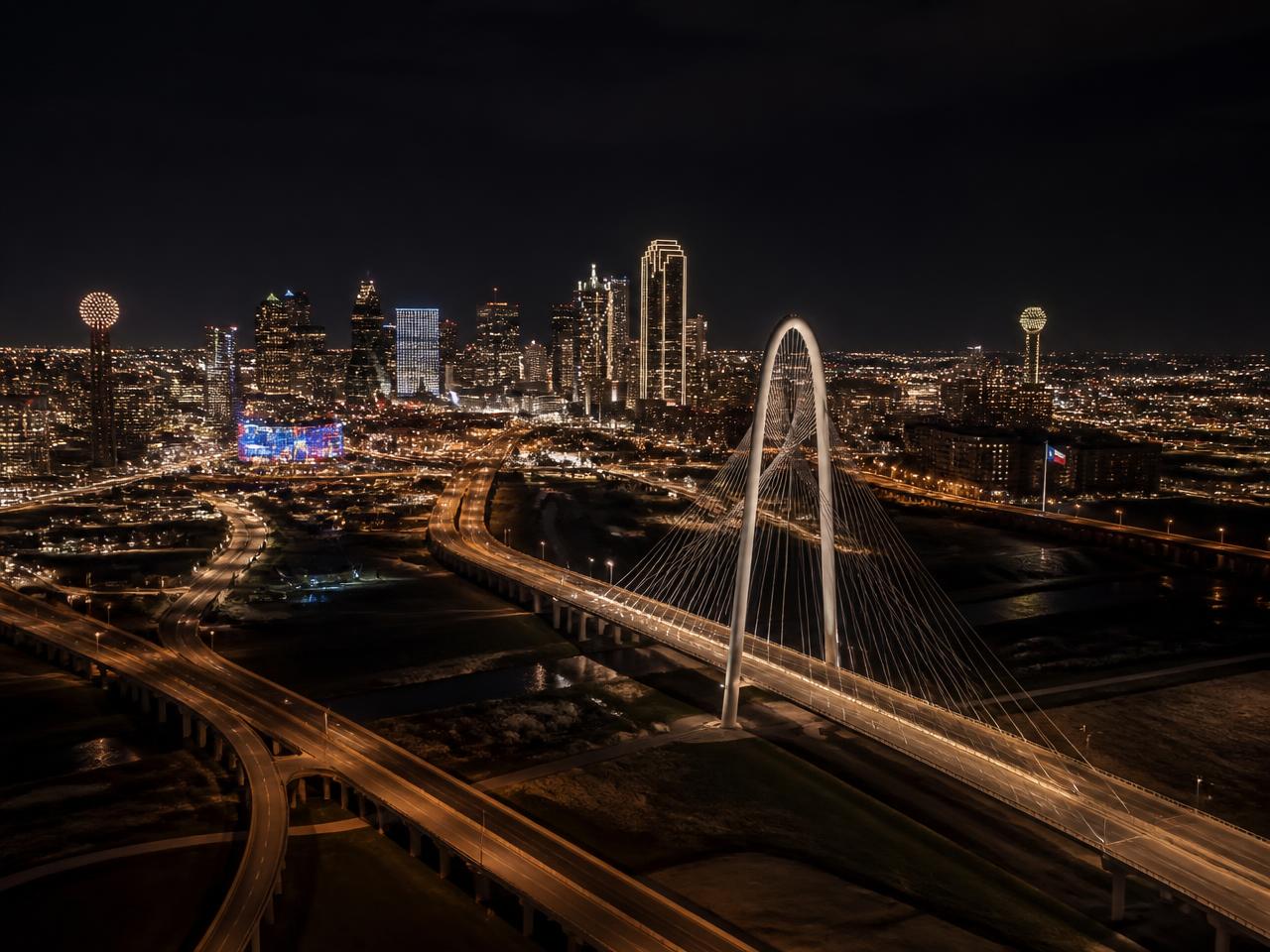 Dallas skyline and Margaret Hunt Hill Bridge at night
