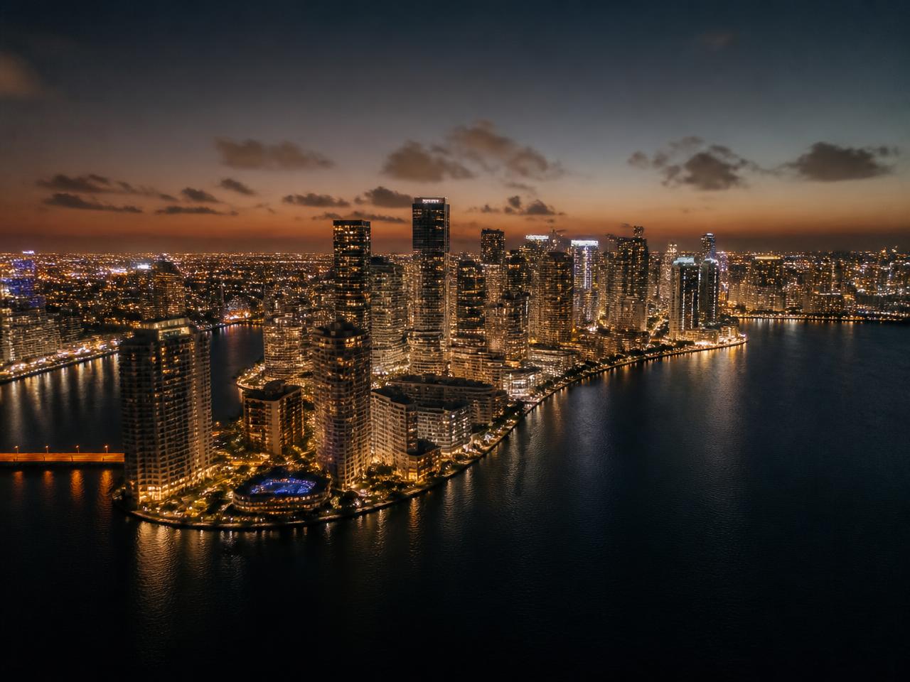 Miami Brickell skyline over Biscayne Bay at dusk