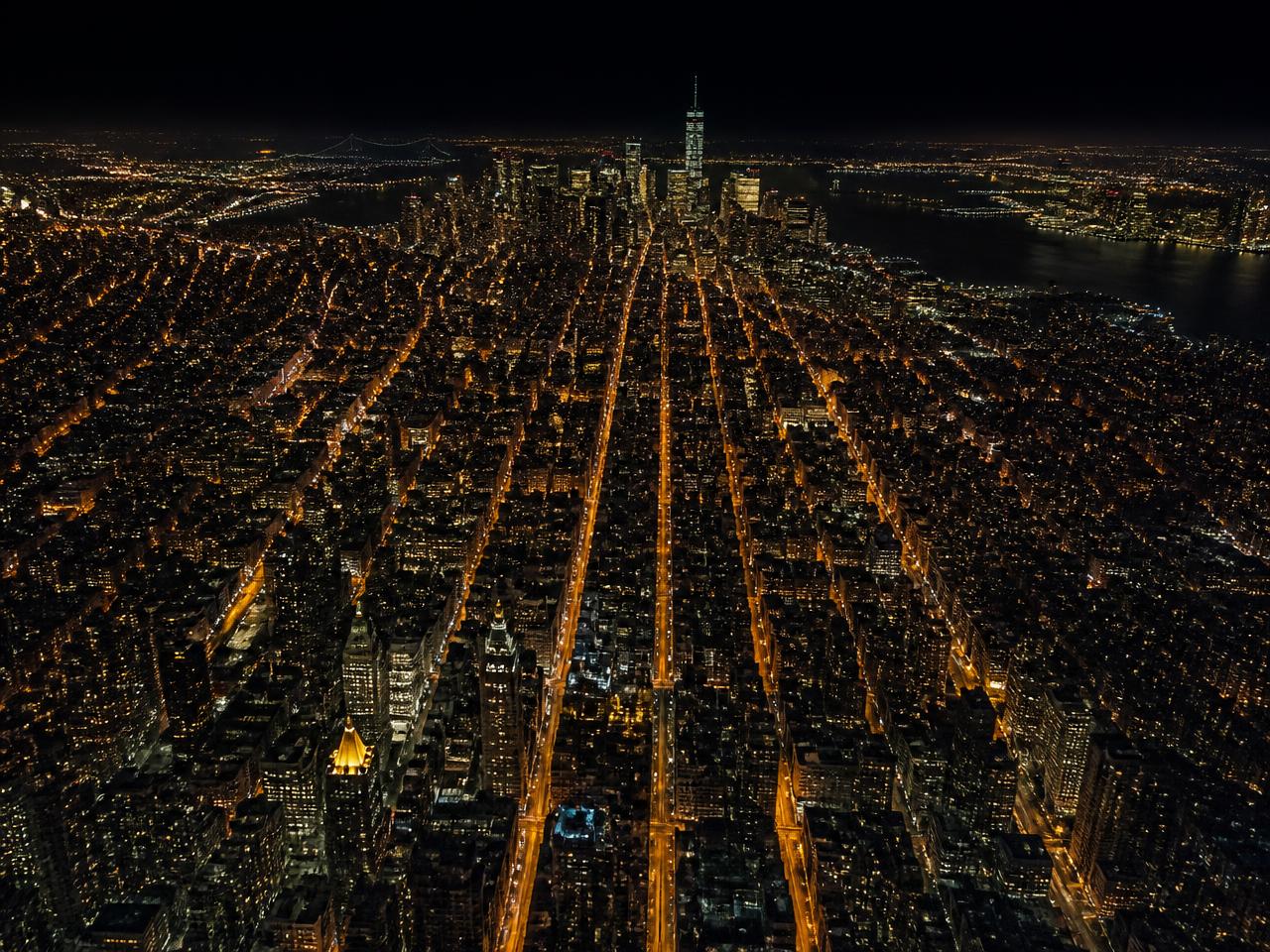 Aerial night view of the Manhattan street grid