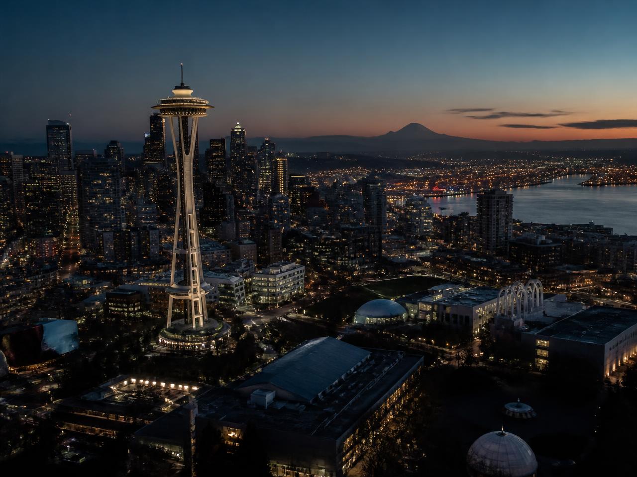 Seattle skyline with the Space Needle at blue hour